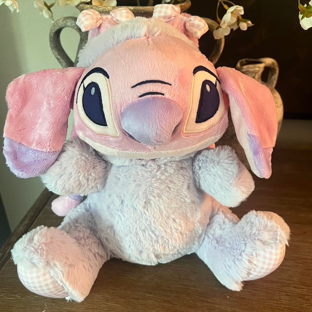 Disney Store Angel Plush Lilo & Stitch Pastel Pink Lavender Gingham Bows 10 Inch